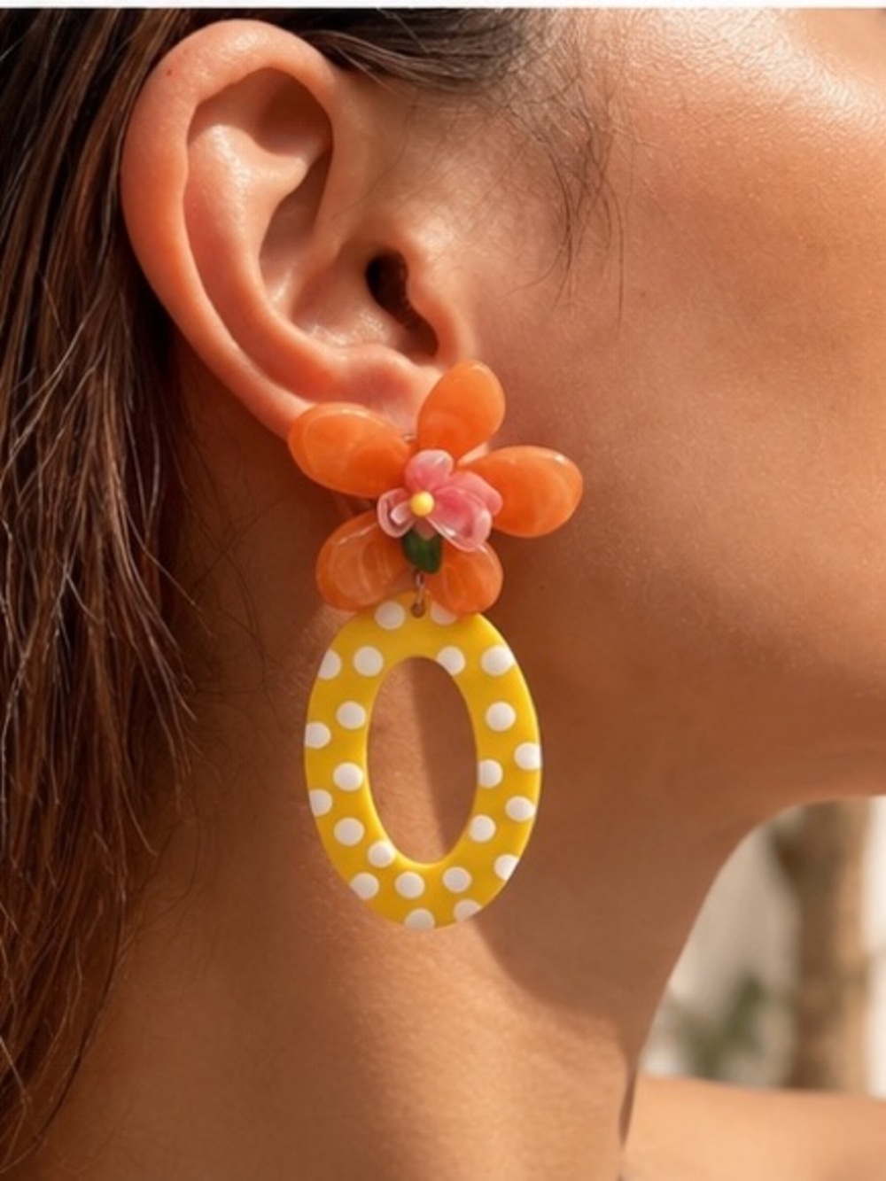 Bright Yellow Polka Dot Flower Drop Earrings